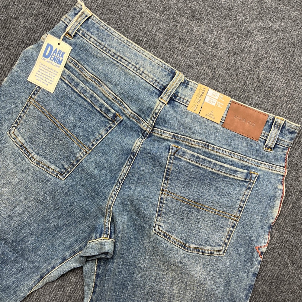 prAna Mens 36x30 Straight Leg Jeans NWT Medium Wash Blue Denim Outdoor Pants